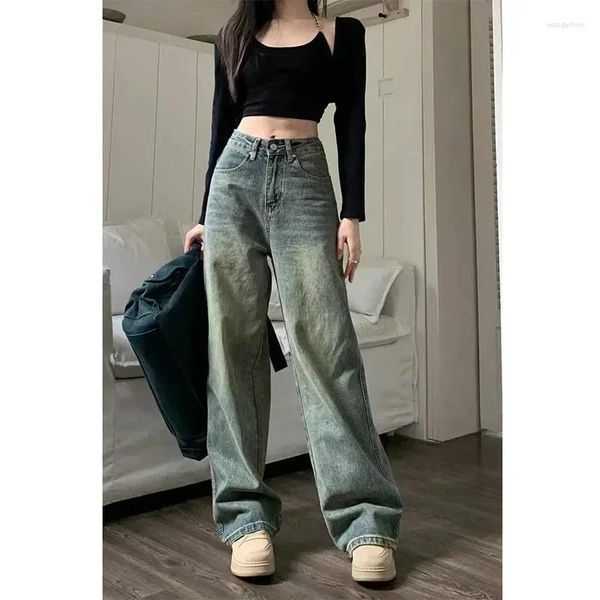 Damen Jeans Y2K Emo Korean Acubi Blue Vintage Baggy Grunge Wide Leg High Waist Denim Hose Gerade Hose Damen Kleidung Übergröße