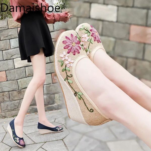 Sapatos de vestido Wedge Bordado Hanfu Hig Old Beijing Pano Sapato Estilo Étnico Chinês Mulheres Saltos Mãe Bombas de Linho 231201