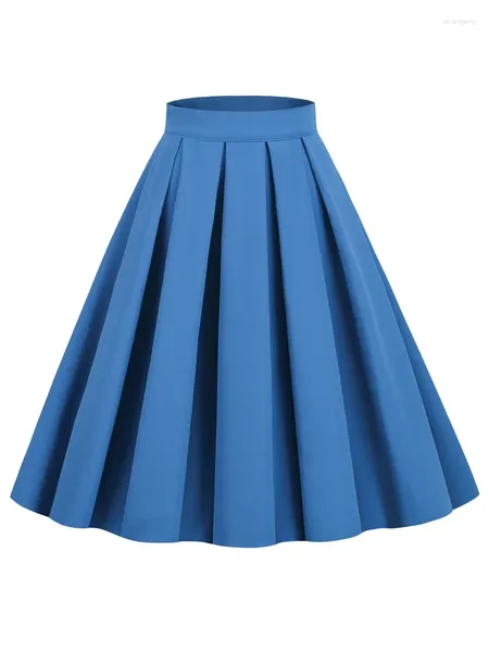 Etekler Katı 50s Vintage Piled Midi Etek Kadın Zarif Kıyafetler Hepburn Style Swing Retro A-Line Mavi Faldas