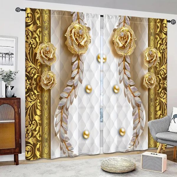 Vorhang mit 3D-Digitaldruck, goldener Luxus-Blumen-Weizenohr-Vorhang für Kinderzimmer, Wohnzimmer, Trennvorhang, 2-teiliges Rollo, 231201