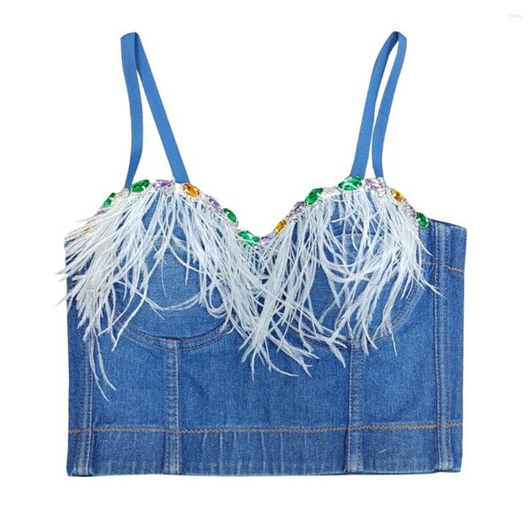 Tanques femininos colheita superior strass denim moda noite fora espartilho sutiãs coquette roupas rave bustier feminino festa de verão sem mangas coletes