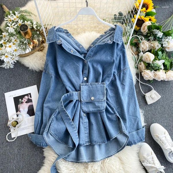 Jaquetas femininas Nice Vintage Sashes Slim Cintura Jeans Casaco Outono Inverno Mulheres Denim Jaqueta Coreana Botões Backless Long Outerwear Plus Size