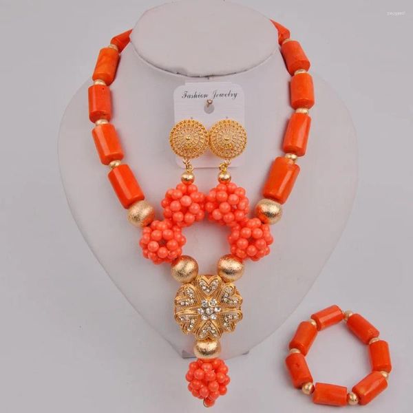 Halskette Ohrringe Set Mode orange nigerianische Korallenperlen Afrikanischer Hochzeitsschmuck für Frauen 12-K-03