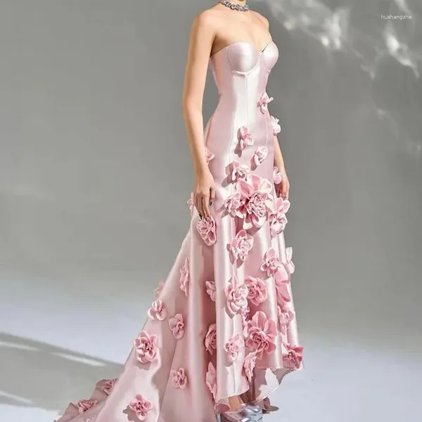 Vestidos de festa rosa sereia fada noite vestido de baile cetim artesanal 3d flor princesa querida vestido de baile