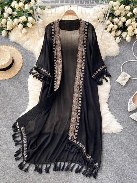 Mulheres Swimwear Verão Pareo Praia Kimono Mulheres Bohemian Cover Up Long Fashion Bordado Poncho Cardigan Borla Chiffon Camisa ED1870