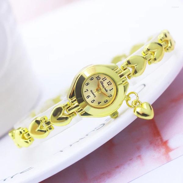 Relógios de pulso de luxo mulher senhora ouro amor pingente pulseira pulseira jovem feminino meninas moda presentes à prova d 'água fina cinta relógios
