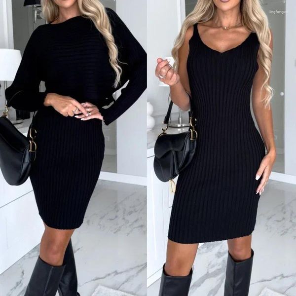 Vestidos de trabalho sólido com nervuras escritório senhora terno viajando moda manga longa pulôver top outfits feminino casual sem mangas magro envoltório hip vestido