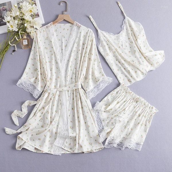 Mulheres sleepwear branco laço robe pijamas três peças conjunto verão cetim mulheres impressão roupão cami shorts pijamas terno casa desgaste roupas