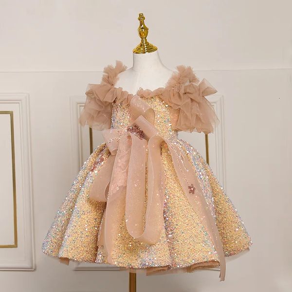 Abiti da ragazza Vestito da ballo per bambini ChicTulle con spalle scoperte Abito da ballo in costume con paillettes dorate da principessa per ragazze2023 231202