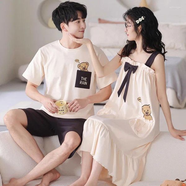 Homens sleepwear de alta qualidade casal pijamas de algodão conjunto verão manga curta homens mulheres moda nightdress pijamas camisola