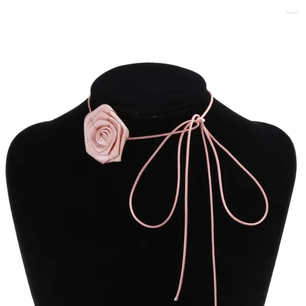 Cinture Collana girocollo con fiori Nastro rosa Fascia per cappello con lacci Y1UA