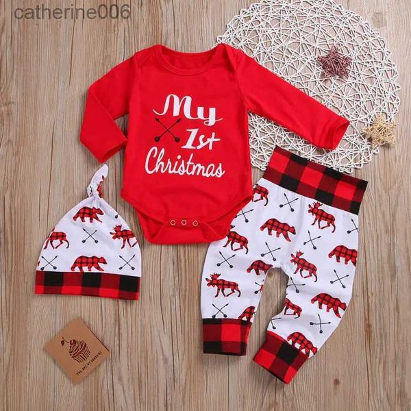 Conjuntos de roupas Adorável Bebê Menino Minha Primeira Carta de Natal Romper Crianças Calça Recém-nascido Chapéu Meninos Outfits Menina Xmas Set Outono Roupas 2 PCS SetL231202