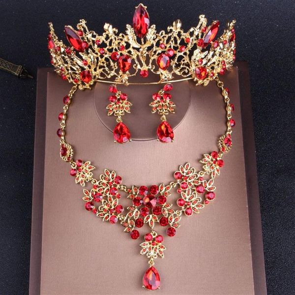 Barok Vintage Altın Kırmızı Kristal Gelin Takı Setleri Rhinestone Tiaras Crown Suçlama Kolye Küpe Seti Düğün Aksesuarları189L