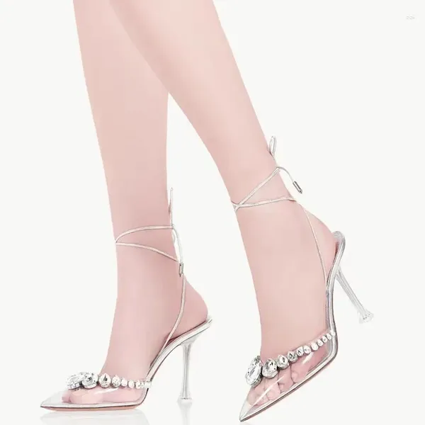 Dress Shoes 2023 Brand Rhinestones Clear PVC Women Pumps Sexy Ankle Strap Crystal Stiletto High Heels Fashion Summer Wedding Party