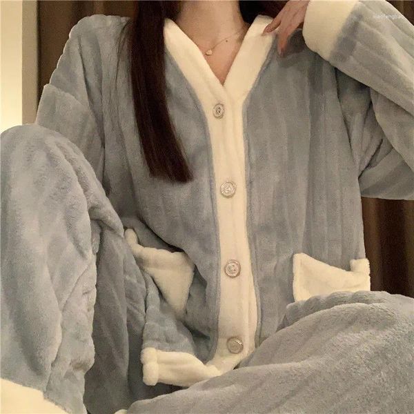 Mulheres sleepwear outono inverno mulheres pijama conjuntos grosso coral veludo manga longa pijamas chique simples casual cores contrastantes quentes