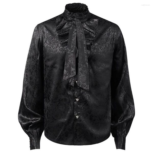 Camisas casuais masculinas Halloween Vintage Medieval Brilhante Floral Sólido Preto Renascentista Victorian Steampunk Gótico Ruffle Tops Camisa