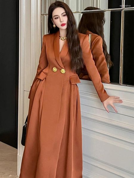 Mulheres Trench Coats Elegante Fashon Long Windbreaker Jaqueta para Vintage Estilo Francês Cetim Bolsos Dobras Casaco Business Party Outwear Roupas