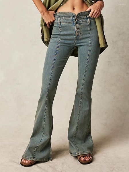 Jeans da donna Pantaloni di jeans casual retrò a vita alta con bottoni alla moda Pantaloni skinny svasati slim elasticizzati con fondo a campana