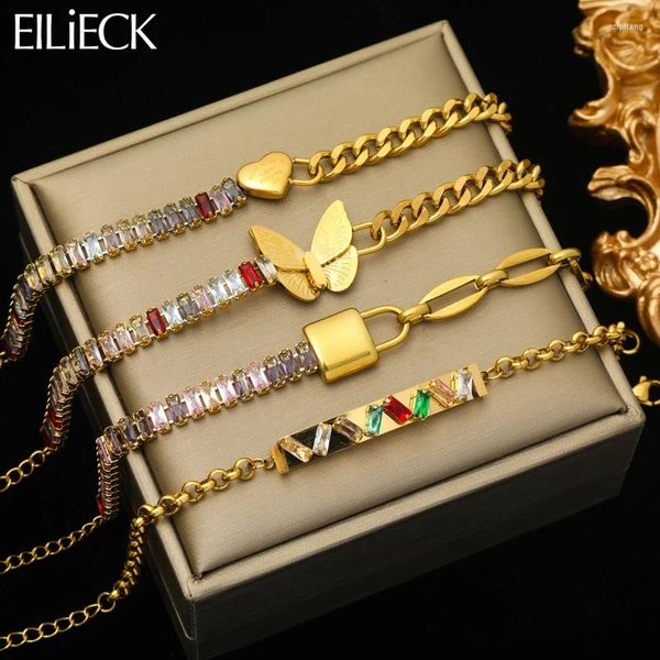 Charme Pulseiras Eilieck 316L Aço Inoxidável Coração Bloqueio Borboleta Colorida Zircônia Pulseira Para Mulheres Menina Moda Bangles Pulso Jóias