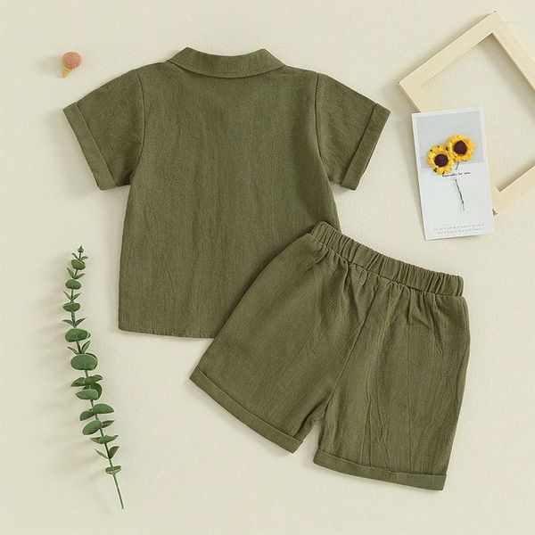 Conjuntos de roupas da criança bebê menino menina algodão conjunto de linho cor sólida manga curta botão para baixo camisa e shorts 2pcs roupas de verão