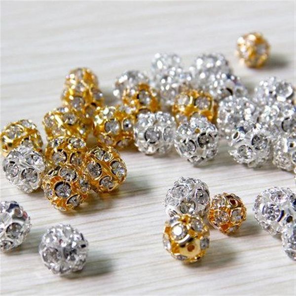 100 pz / lotto lega di perline di cristallo 8mm 10mm oro argento rotondo pavimenta perline da discoteca perline di cristallo con strass perline distanziatori per gioielli fai da te Fi249H