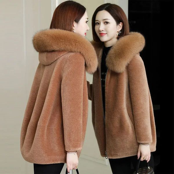 Chaqueta de invierno de imitación de piel para mujer, Parkas con capucha de talla grande 5XL, abrigo cálido suelto coreano para madre, abrigo grueso sólido corto, prendas de vestir 231202