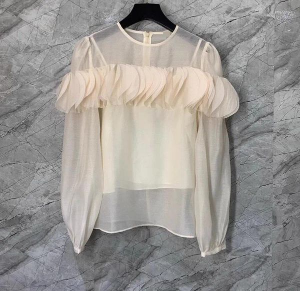 Damenblusen Tops Modedesigner 2024 Frühling Sommer Stil Frauen Rüschen Blumen Langarm Aprikose Lila Beige Sexy Weiblich