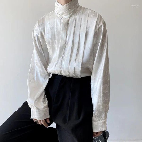 Camisas masculinas de cetim chinês jacquard vintage personalizado de manga comprida e fivela de pérola feminina em pé camisa superior