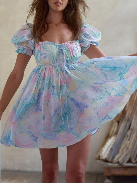 Freizeitkleider Damen Mini-Prinzessinnenkleid, quadratischer Ausschnitt, kurze Puffärmel, Schnürung vorne, Blumendruck, süßes Babydoll