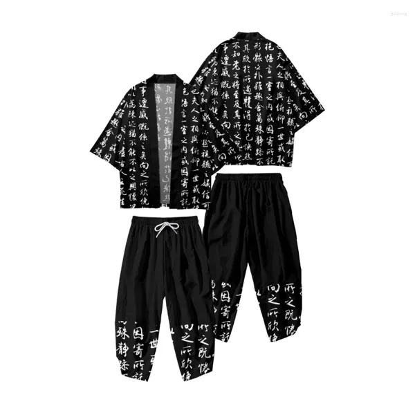 Этническая одежда с китайским принтом слов, черный свободный японский кардиган, кимоно, укороченные брюки, 2 шт., осенняя пара, женщины и мужчины, юката, Харадзюку