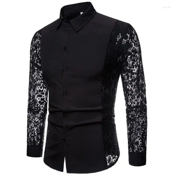 Camicie eleganti da uomo Camicia primavera-autunno Camicia in pizzo moda colore nero Camicia a maniche lunghe bella da prestazione. Taglia grande S-XXL!