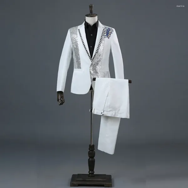 Erkekler Beyaz Elmas Nakış Pullu Takım Erkek Parti Düğün Damat Smokin Groomsmen 2 Parça (Ceket Pantolon) Kostüm Mariage Homme