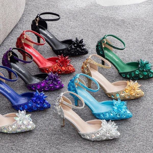 Sandali cinturino alla caviglia sexy donna festa con strass PU 7 cm tacchi sottili fibbia banchetto abito da cena scarpe da donna champagne