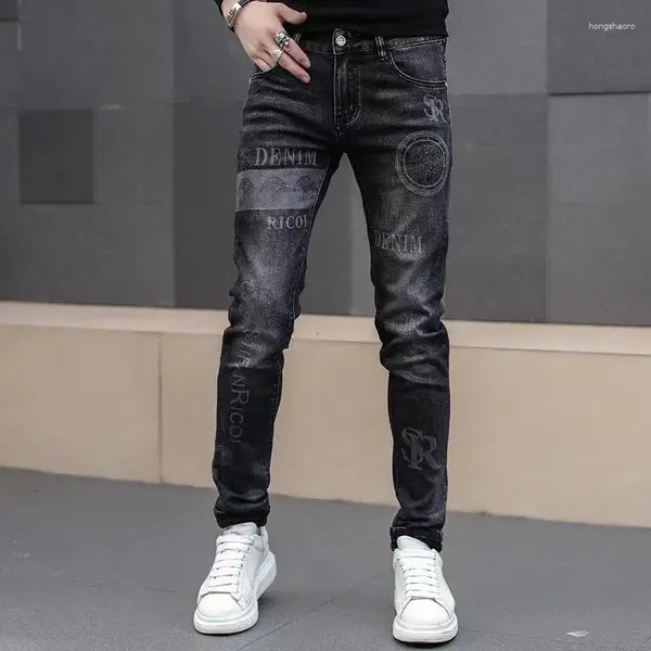 Erkek kot pantolon sıska adam kovboy pantolonlar rhinestones ile esneme baskısı ince fit sıkı boru elastik y2k vintage yıkanmış goth