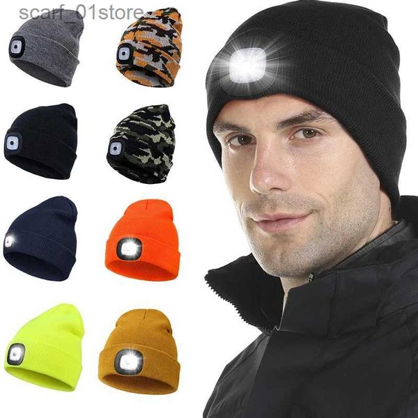 Berretto/berretti con teschio cappello lavorato a maglia leggero a led berretto elastico caldo autunno inverno sport all'aria aperta escursionismo notturno pesca campeggio cofano luminoso unisex faroL231202