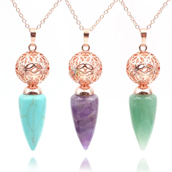 Anhänger Halsketten FYJS Einzigartige Rose Gold Farbe Ball Hohl Viele Stil Quarz Stein Kegel Form Halskette Temperament Schmuck