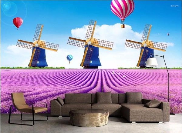 Wallpapers Benutzerdefinierte Wandbild PO 3D Wallpaper Blume der Lavendel Windmühle Malerei Wandmalereien für Wohnzimmerwände 3 D