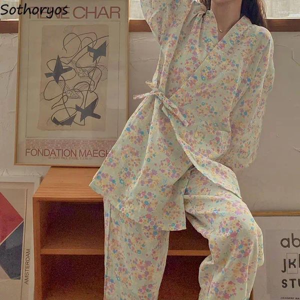 Mulheres sleepwear verão pijama conjuntos mulheres manga longa moda lace up estilo japonês feminino sleep wear impresso doce v-pescoço aconchegante duas peças