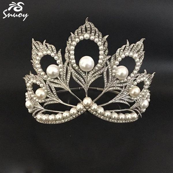 Miss universo coroas penas de pavão pérolas redondas completas tiara beleza rainha coroa grande para concurso mulheres joias acessórios de cabelo c1286i