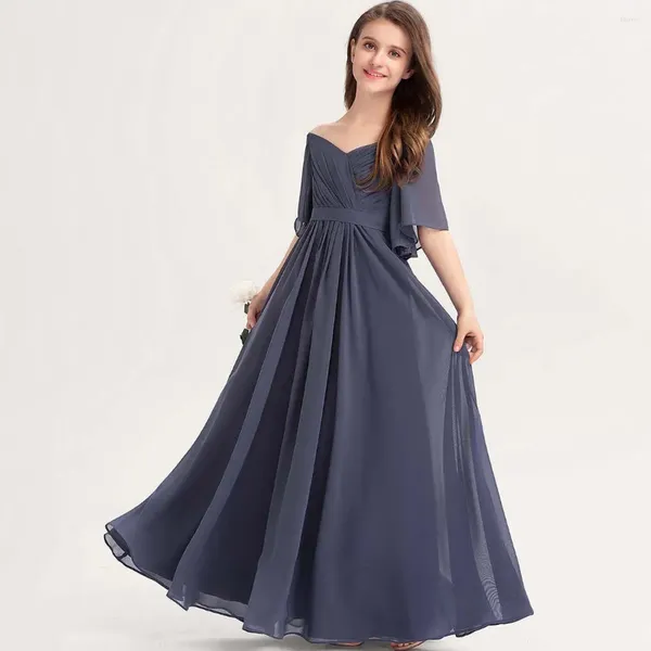 Mädchenkleider YZYmanualroom Chiffon-Kleid für Junior-Brautjungfer mit Schleife, A-Linie, schulterfrei, bodenlang, 2–15 Jahre