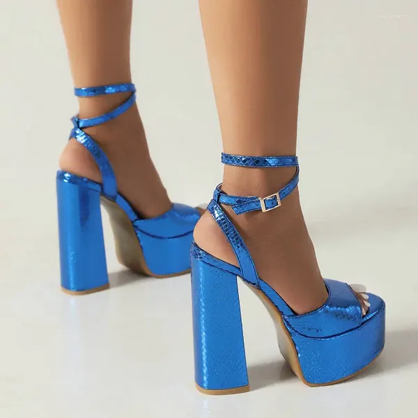 Sandales 2023 Été Sexy Chic Fête De Mariage Dames Bout Ouvert Bleu Or Argent Vert Cheville Croix-sangle Plate-Forme Bloc Talons Hauts