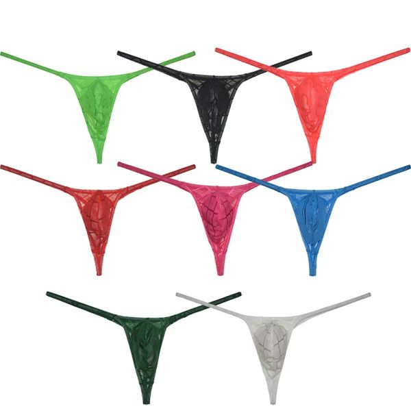 Homens rendas sexy tanga g-string elástico encadernação bulge bolsa roupa interior micro tangas sheer tangas mini sissy bikini tangas