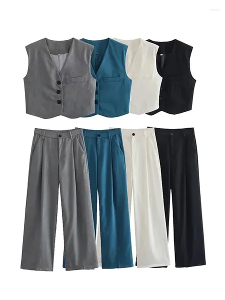 Frauen Zweiteilige Hosen 2023 Frauen Grau Ärmellose Blazer Weste 2 Sets Sommer V-ausschnitt Crop Top Weibliche Anzüge