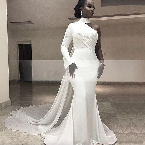 Sexy Meerjungfrau nigerianische One-Shoulder-Abendkleider mit Wickelband 2023 südafrikanisches Kaftan-Chiffon-Schleppe-Abschlussballkleid mit langen Ärmeln