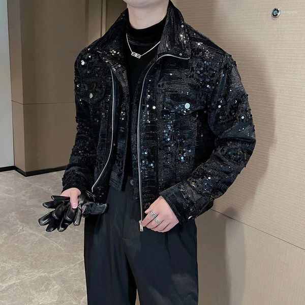 Giacche da uomo Giacca decorativa con paillettes autunnali per uomo Breve Casual Sociale Streetwear Bavero Bomber Costumi di performance scenica allentati