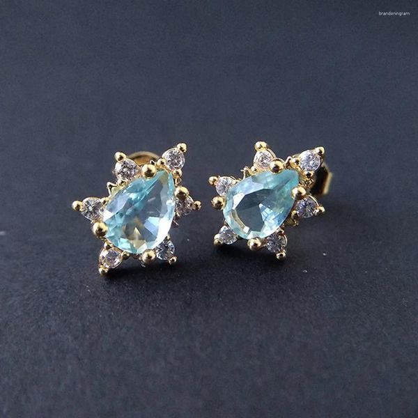 Brincos chiques pedras preciosas aquamarine azul cristal 5a zircão diamantes flores pequenas joias acessórios femininos