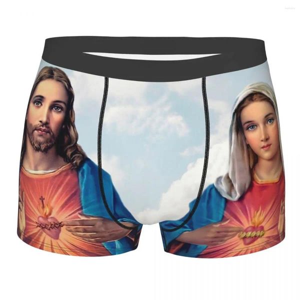 Cuecas Sagrados e Imaculados Corações com Fundo do Céu Jesus Cristo Natividade Breathbale Calcinhas Masculinas Shorts Boxer Briefs