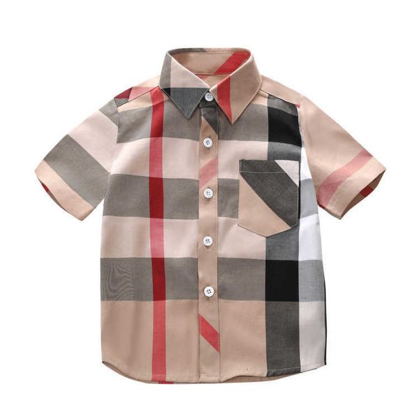 Camisa infantil de algodão de verão, top fino, camisa xadrez com lapela, manga curta, roupas infantis de tamanho pequeno e médio