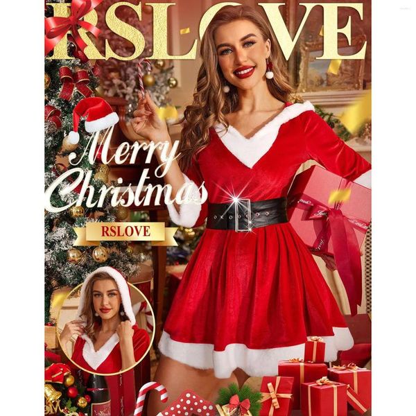 Vestidos casuais vestido de natal para mulheres sexy santa hoodies outfit 2pcs traje de veludo feriado com cinto cosplay vestidos