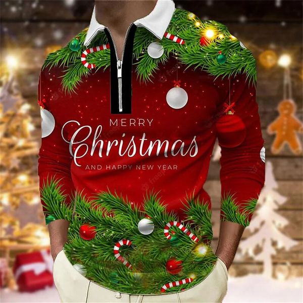 Polo da uomo Polo da uomo Golf Babbo Natale Stampe grafiche Stampa 3D Natale Strada Manica lunga Cerniera Abbigliamento Abbigliamento Stilista 231202